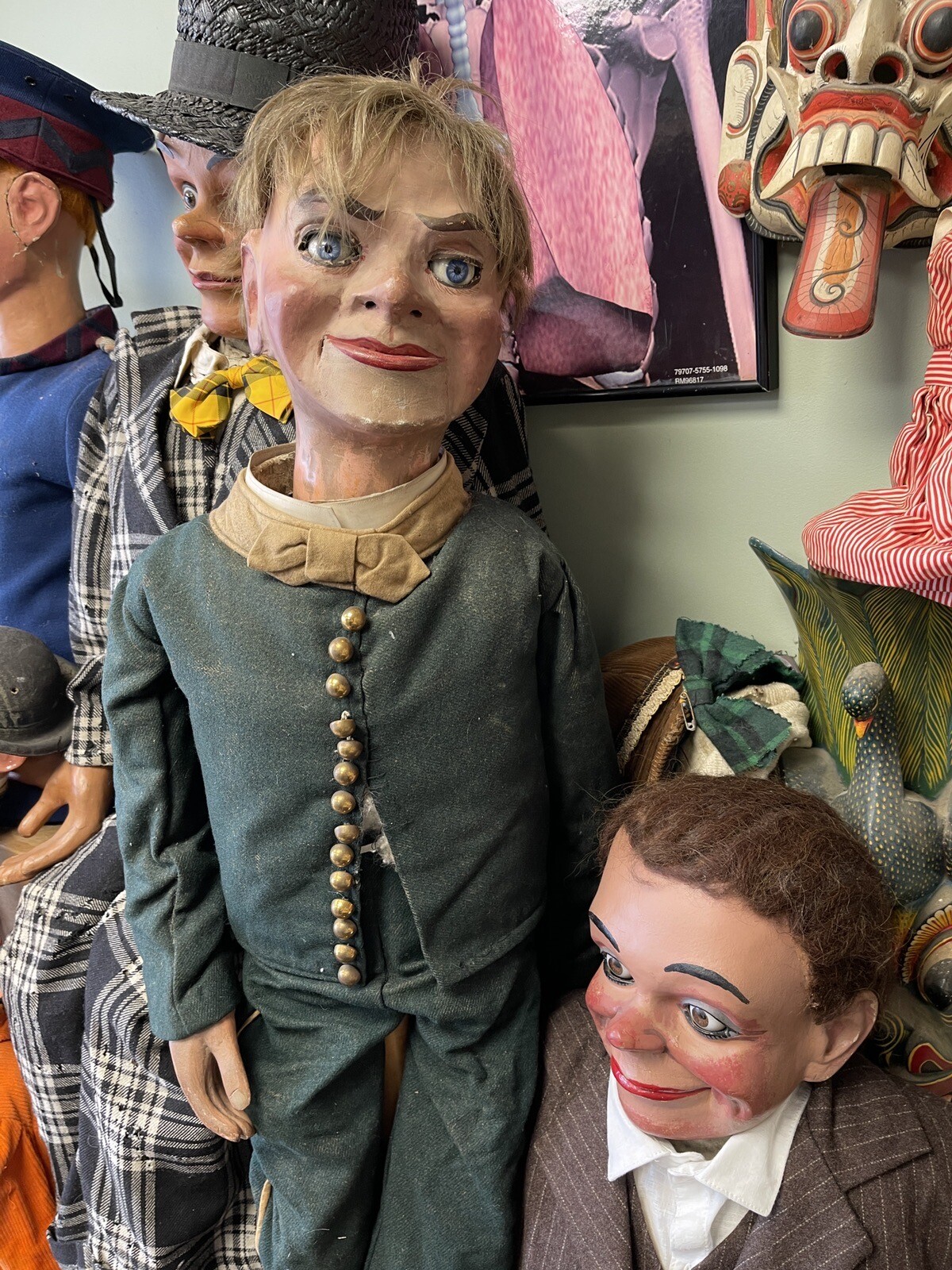 Antique Arthur Quisto Ventriloquist Figure/Dummy/Doll Green Bellboy