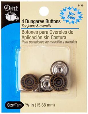  5/8'' No-Sew Dungaree Buttons, 4 Sets, Antique Brass 
