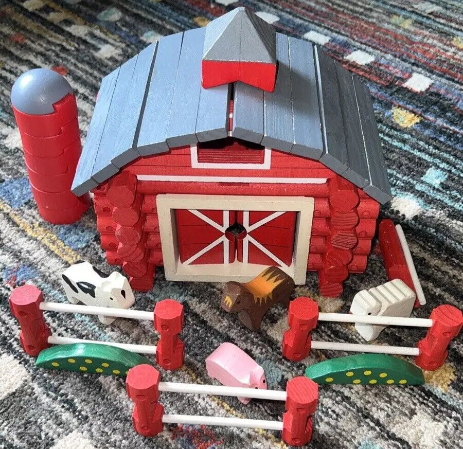 Melissa Doug Red Wooden Log Barn Farm Toy INCOMPLETE for Parts Expansion AS IS