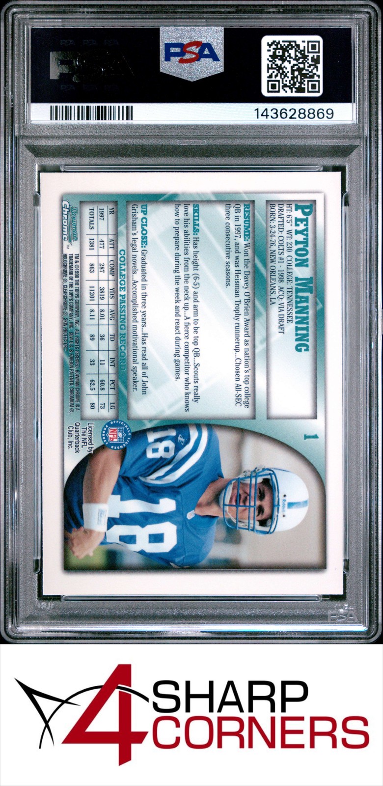 1998 BOWMAN CHROME #1 PEYTON MANNING RC COLTS HOF PSA 9 view 2