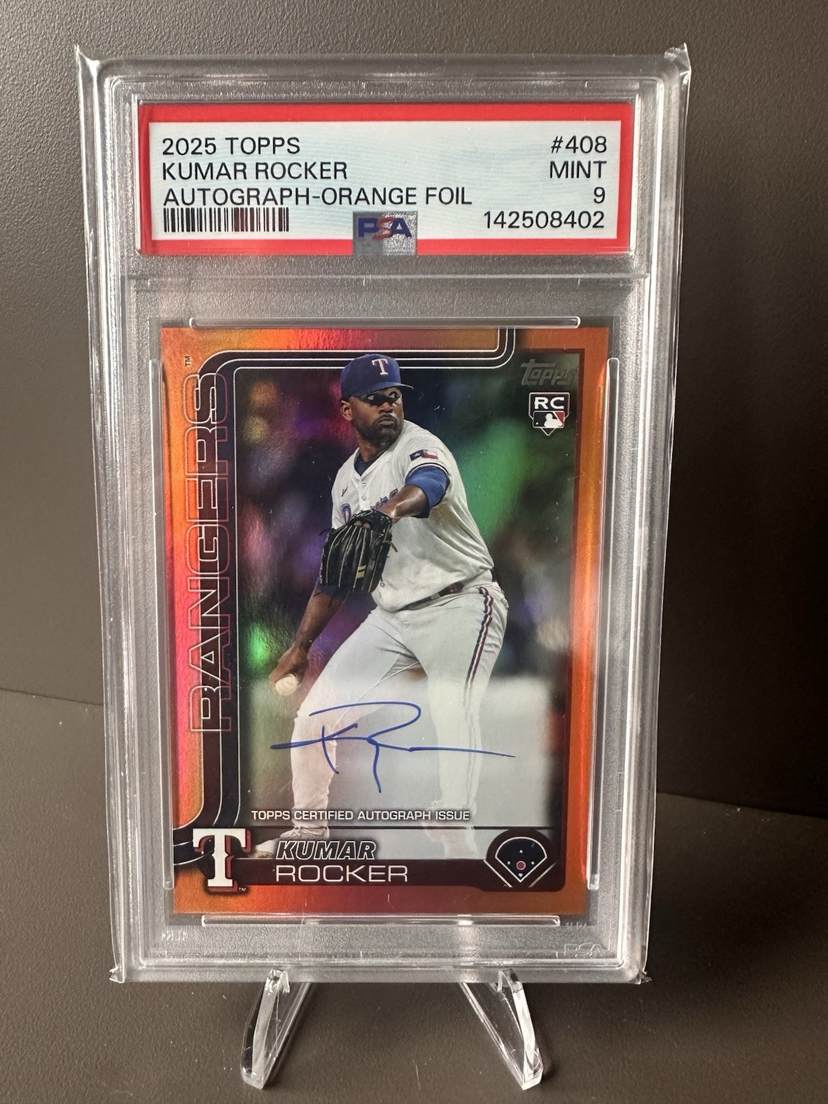 Topps 2025 Series 2 Kumar Rocker #408 Orange Foil Auto /25 Texas Rangers PSA 9