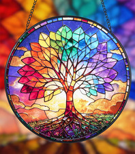 Stained Glass Window Hanging, Colorful Tree of Life Suncatcher 7.8 in Sun Catche