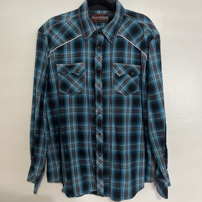 Rock & Roll Cowboy Men's XL Western Turquoise Plaid Pearl Snap Long Sleeve Shirt