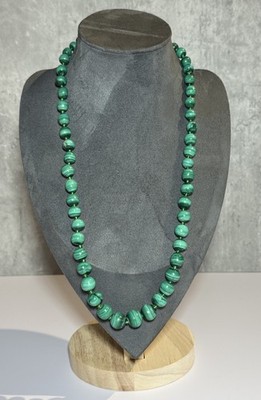 Atemberaubende lange Vintage Halskette Natur Malachit Perlen Boho Modeschmuck 