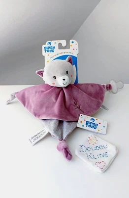 Doudou Plat Rond Chat Violet/Mauve Gris Orange Bambou Noeud Attache Tétine Gipsy - Photo 1/4