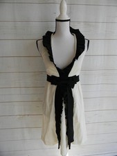ALICE + OLIVIA IVORY/BLACK RUFFLE BOW PLUNGE SLEEVELESS WOOL/SILK BLEND DRESS XS