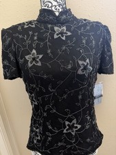 ADRIANNA PAPELL Boutique Evening Beaded Floral Silk Black Top M Medium New NWT