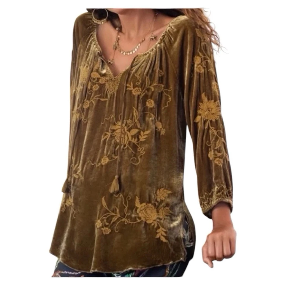 Johnny Was L Golden Brown Velvet Peasant Blouse Tunic Top Shirt Tassels BOHO - Image 2 of 4
