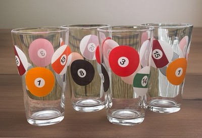 Set of 4 Vtg Luminarc Billiard Parlor  Pool Balls Pint Drinking Beer Glass 16 oz