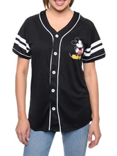 Disney Mickey Mouse Baseball Jersey Black Button Down Shirt Women's