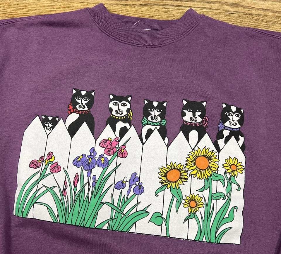 Sudadera De Colección Años 90 Gatito Gato Cuello Redondo Mediana Abuela Gatos y Flores Foto 2 de 4