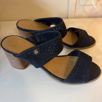 Tommy Hilfiger Blue Block Heel Slide Sandals Open Toe Slip-On Logo US 9.5