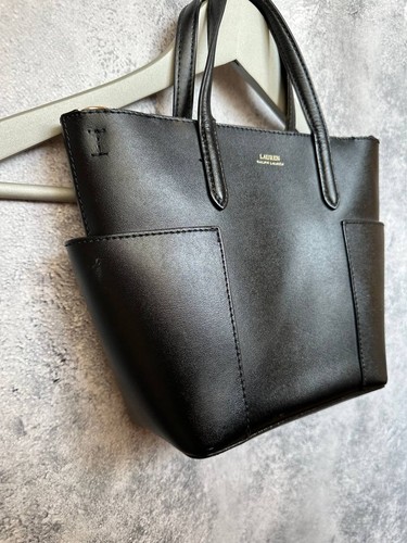 Lauren Ralph Lauren Black Leather Satchel / Tote Bag Red Lining - Picture 3 of 13
