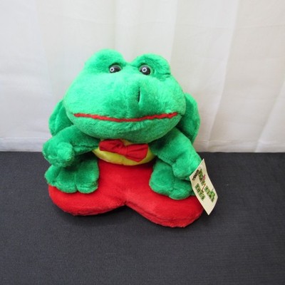 Play Time Toys Plush Stuffed Green Frog Toad Sitting on Red Heart Bow tie 9''