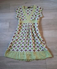 Caroline Morgan Green & Brown Circle Print Flared Dress Boho Retro Smart UK14