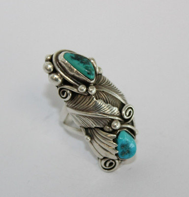 Vtg. Jefferson Lee Navajo Sterling Silver Turquoise Leaf Ring Sz: 6.5 [036WEA]