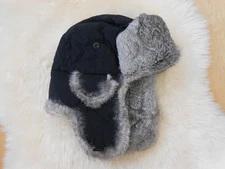 CROWNCAP CANADA TRAPPER HAT-BLACK-REAL RABBIT FUR TRIM-EAR FLAPS-SIZ XL-EUC!