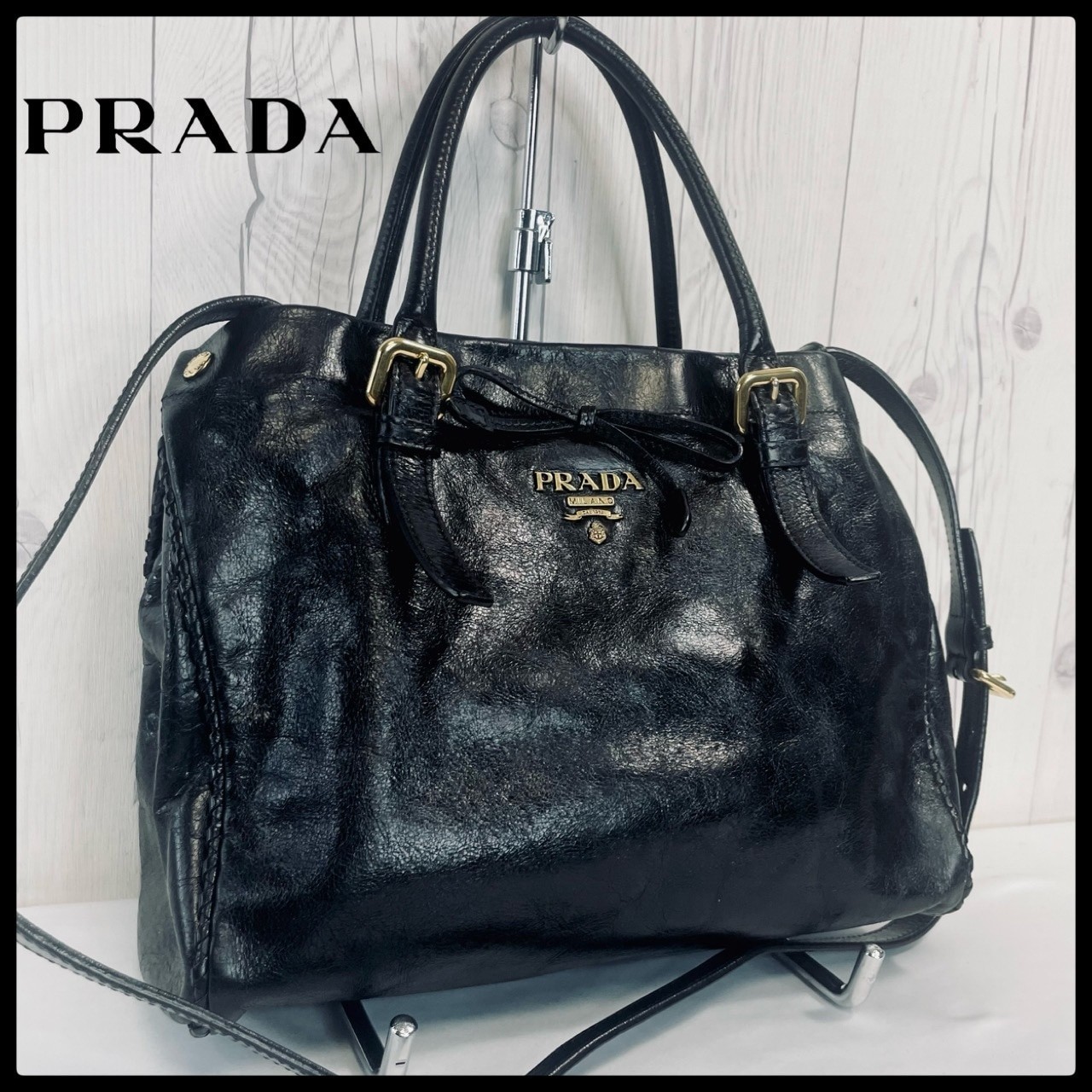 PRADA Black Leather Handbag Ribbon Shoulder Bag Authentic