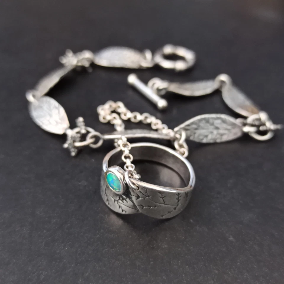 Pulseira articulada escravo corrente de mão prata 925 folhas opala GRAS anel Israel - Imagem 4 de 4