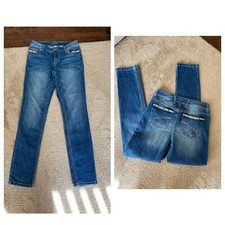 Cache women  s Y2K mid rise distressed embellished skinny denim jeans Sz 6 blue