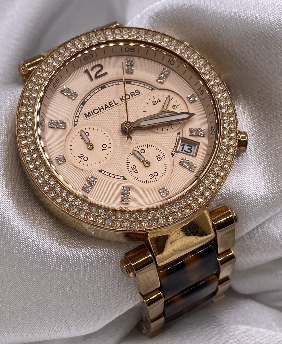 Michael Kors Rose Gold Crystal Bezel Tortoise Band Chrono Watch