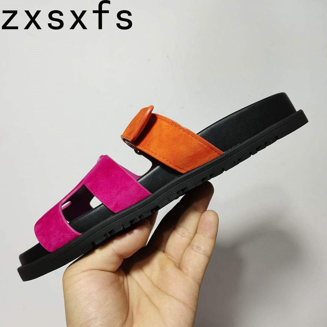 SAOLA Pantofole piatte mules pelle suola spessa donna punta aperta tonda scarpe spiaggia outdoor