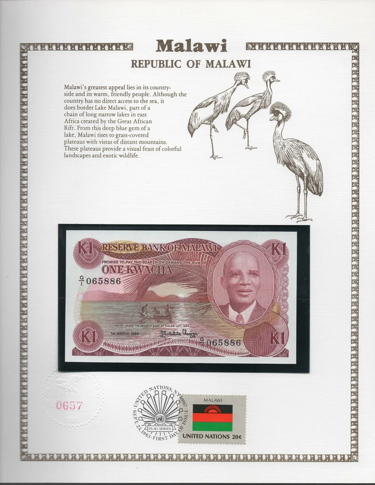 Billete de Malawi 1986 1 Kwacha P 19a UNC con sello de bandera de la IED de la ONU consecutivo Foto 3 de 4