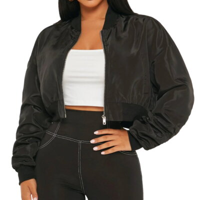 Petite Zip Up Drop Shoulder Crop Bomber Jacket in Black, Size SP