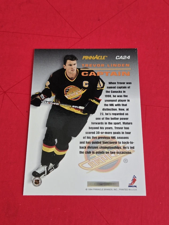TREVOR LINDEN   - 1993-94 SCORE PINNACLE - CAPTAIN -  INSERT CARD #CA24 - Image 2 of 2