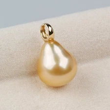 Simple 11.2mm Drop Golden South Sea Pearl Pendant 14K Solid Yellow Gold Bail