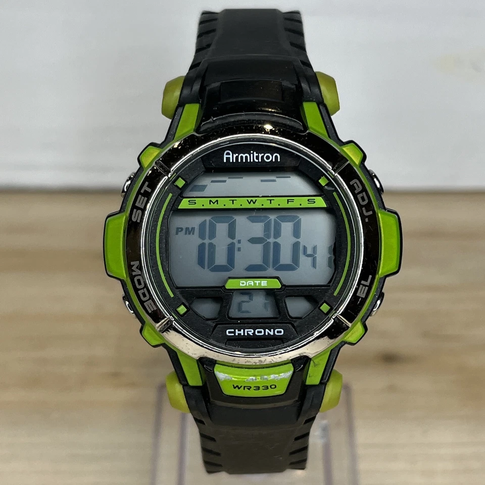 Reloj Armitron All Sport Alarma Cronógrafo Retroiluminación Verde Lima Negro BATERÍA NUEVA Foto 2 de 4