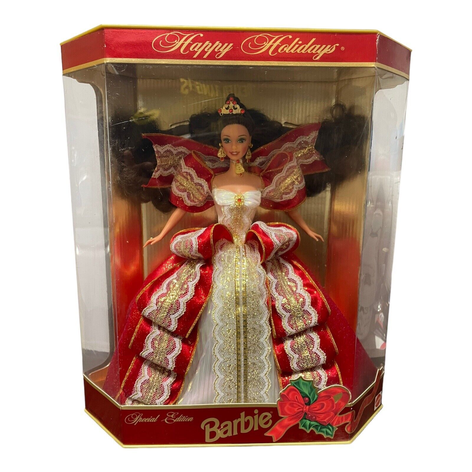 Barbie Happy Holidays 1997 Misprint SE Green Eyes Gold Backg NRFB