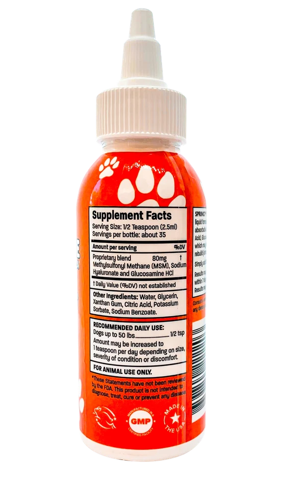 Fórmula articular canina Springy HA con ácido hialurónico MSM y glucosamina 3 FL OZ Foto 2 de 4