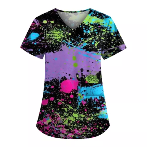 Women Printed Scrub Working Uniform V-Neck Short Sleeve Workwear Tee With Pocket - Picture 20 of 39