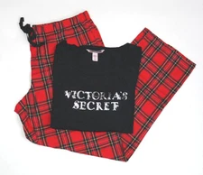  VICTORIA'S SECRET BLACK VS LONG SLEEVE & RED GREEN PLAID PANT PJ SET Sz XL Long