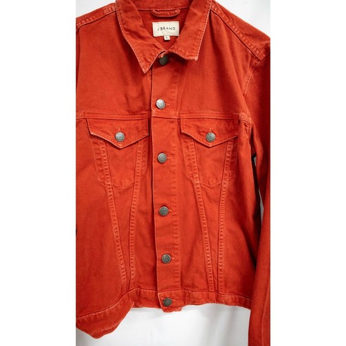 J Brand Vin Magma Red Orange Denim Leather Back Pach Trucker Jean Jacket L - Picture 11 of 14