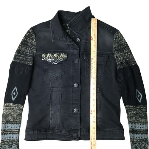 Desigual Denim Jacket Size 40 Pakaian Jadi Wanita Embroidery Sequin Black Artsy - Picture 14 of 15