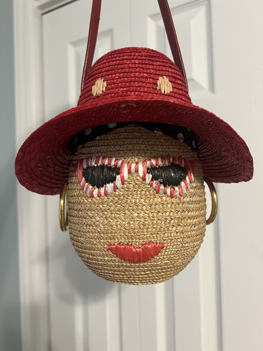 Vintage Lulu Guinness Blanche Face Motif Raffia Woven Straw Basket