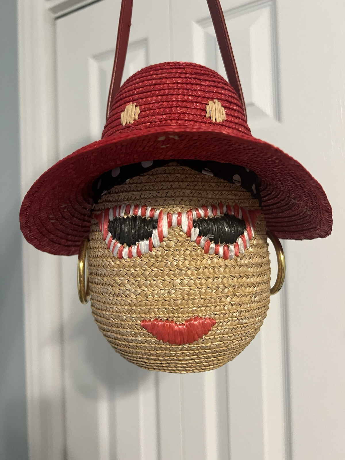 Lulu Guinness Novelty Raffia Face Handbag Red Hat Figural Straw Purse Whimsical