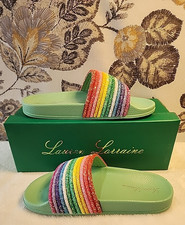 Lauren Lorraine Ria Green Rainbow Rhinestone Slide Sandals Women Size 5 NEW