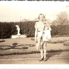 c1930s Cute Lady Formal Garden Snapshot Photo Statues Hedges Floral Flower Beds