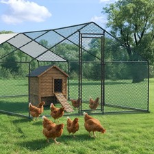 Metal Chicken Coop Walk-In Chicken Run 9.8x19.7x6.6 ft Peaked Roof w/Cover Large