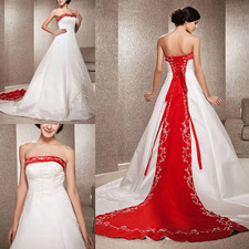 Elegant A-line Strapless Satin Wedding Dresses with Embroidery Beads Backless