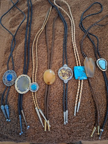 Vintage Lot of 8 Men's Western Bolo Ties  Leather Cords Multicolor Stone