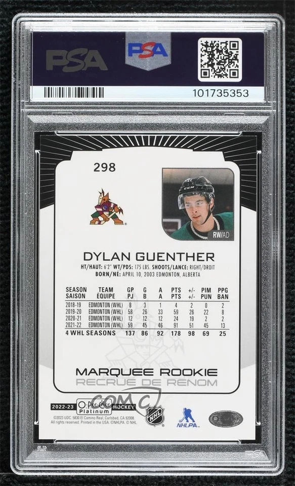 2022-23 O-Pee-Chee Platinum Pond Hockey Variants Dylan Guenther PSA 10 Rookie RC - Image 2 of 2