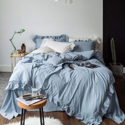 Blue Ruffled Duvet Cover King 100% Washed Cotton 3 Pcs Set 1 Vintage Light Blue