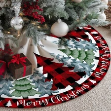 CROWNED BEAUTY Christmas Tree Skirt Collar 48 Inch Pine Trees Red Plaid Soft Far