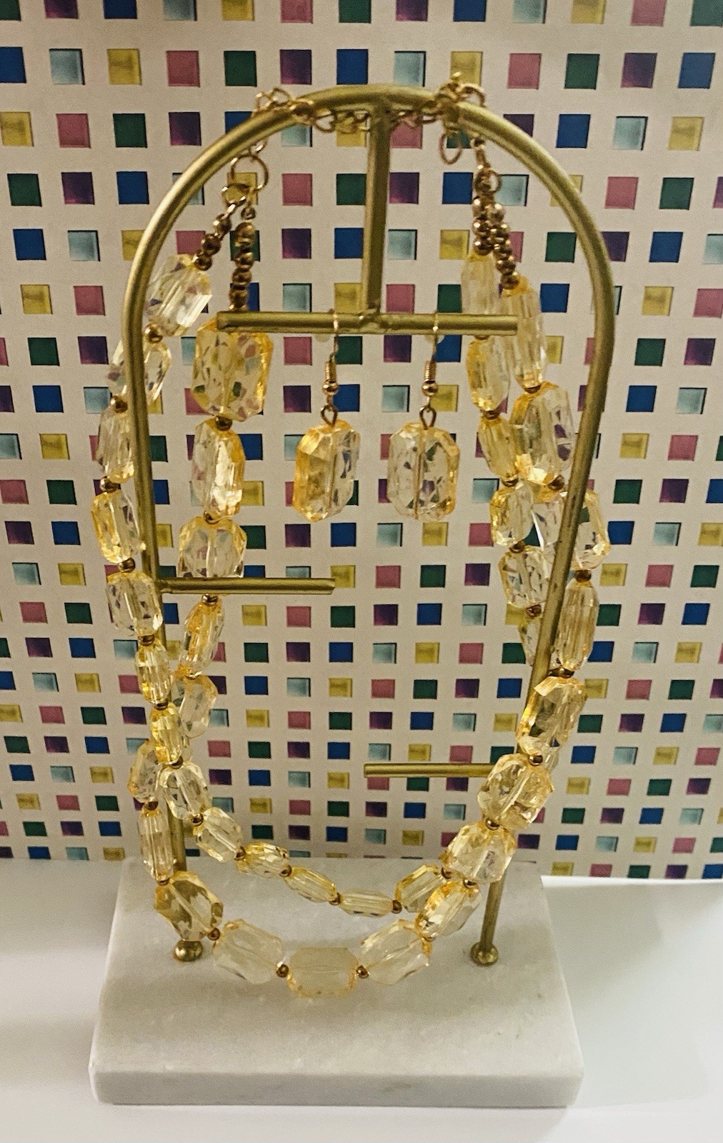 Gold Clear Glass Beaded Necklace Earrings Set Oval Pendant Glass Jewelry