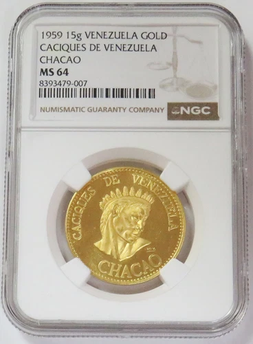 1959 GOLD VENEZUELA CHACAO CACIQUES CHIEF 15 GRAM NGC MS 64