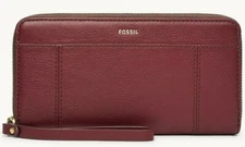 Fossil Jori RFID Zip Clutch Red Wine Leather Wristlet SWL2679609 Purse NWT
